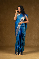 Load image into Gallery viewer, Blue Silk Saree with Silver Zari Accents
