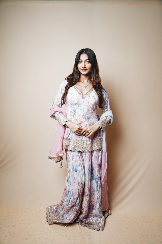 Silk Shibori Print Plazo Set with Pitta and Sequin Embroidery