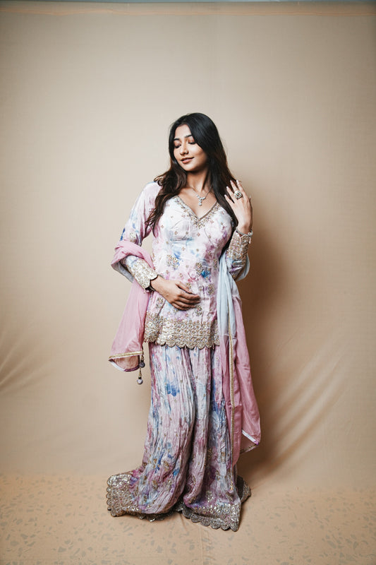 Silk Shibori Print Plazo Set with Pitta and Sequin Embroidery