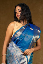 Load image into Gallery viewer, Blue Silk Saree with Silver Zari Accents
