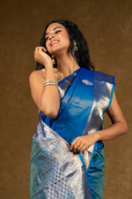 Load image into Gallery viewer, Blue Silk Saree with Silver Zari Accents
