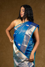 Load image into Gallery viewer, Blue Silk Saree with Silver Zari Accents
