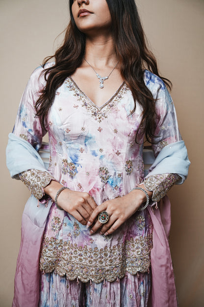 Silk Shibori Print Plazo Set with Pitta and Sequin Embroidery