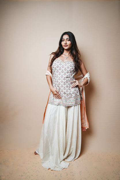 Soft Pastel Crepe Plazo Set with Resham Embroidered Spaghetti Blouse