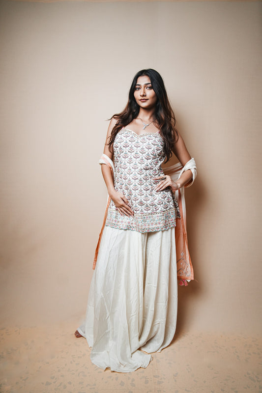 Soft Pastel Crepe Plazo Set with Resham Embroidered Spaghetti Blouse