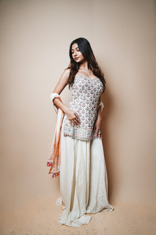 Soft Pastel Crepe Plazo Set with Resham Embroidered Spaghetti Blouse