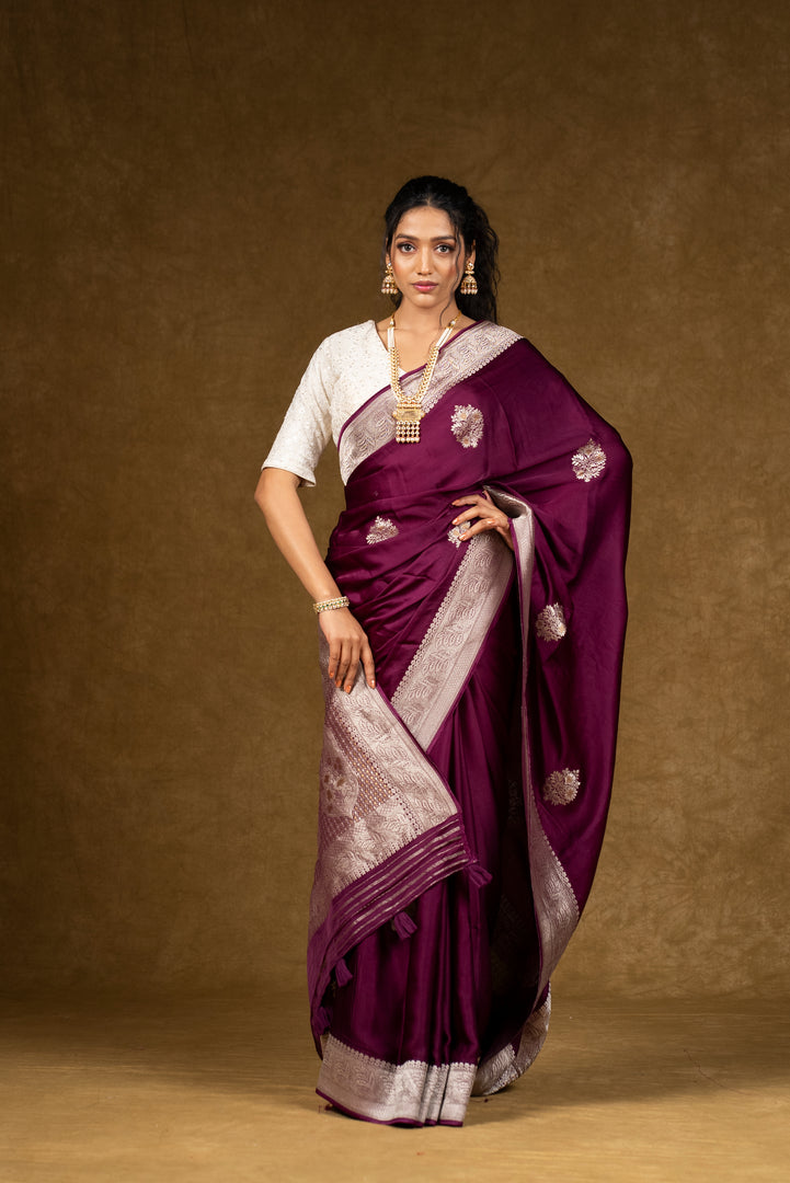 Maroon Silk Saree with Silver Embroidery Work