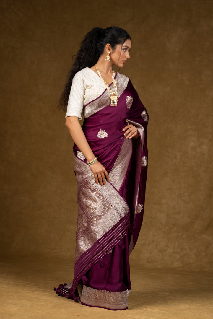 Maroon Silk Saree with Silver Embroidery Work