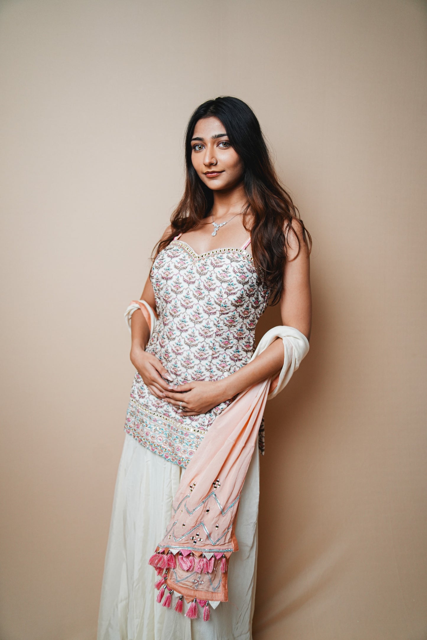 Soft Pastel Crepe Plazo Set with Resham Embroidered Spaghetti Blouse