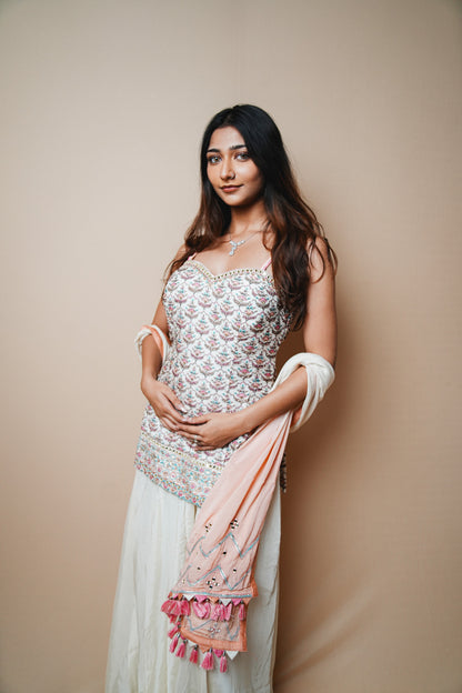Soft Pastel Crepe Plazo Set with Resham Embroidered Spaghetti Blouse