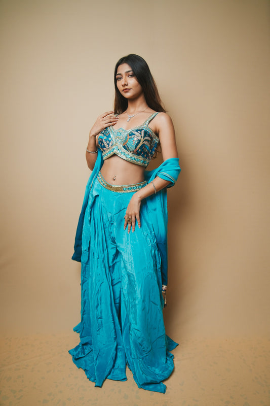 Blue Crab Silk Alia Cut Blouse Plazo Set with Pitta, Resham & Jardozi Work