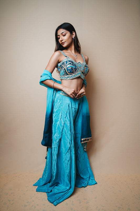 Blue Crab Silk Alia Cut Blouse Plazo Set with Pitta, Resham & Jardozi Work