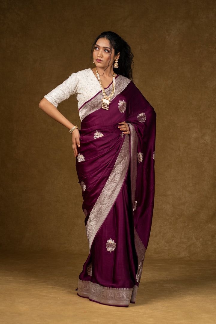 Maroon Silk Saree with Silver Embroidery Work