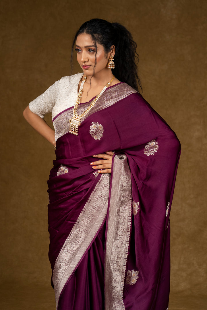 Maroon Silk Saree with Silver Embroidery Work