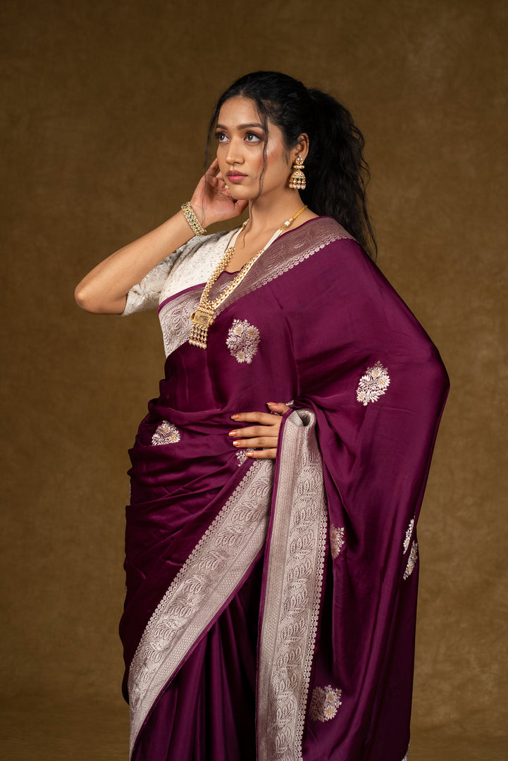 Maroon Silk Saree with Silver Embroidery Work