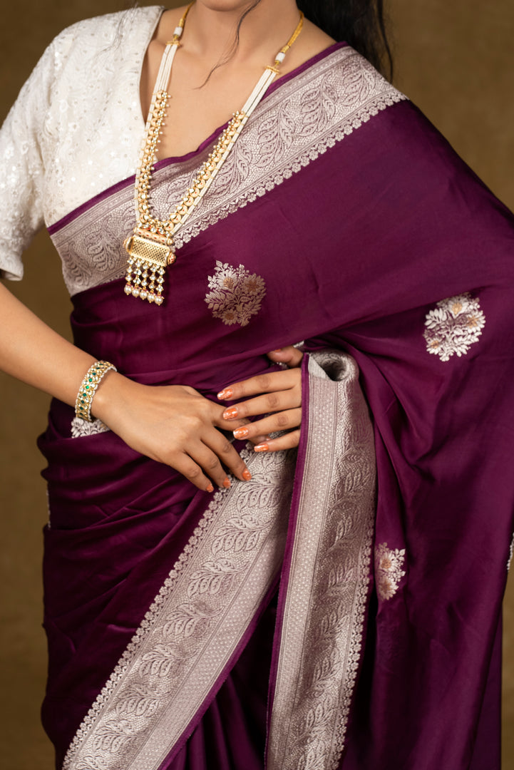 Maroon Silk Saree with Silver Embroidery Work