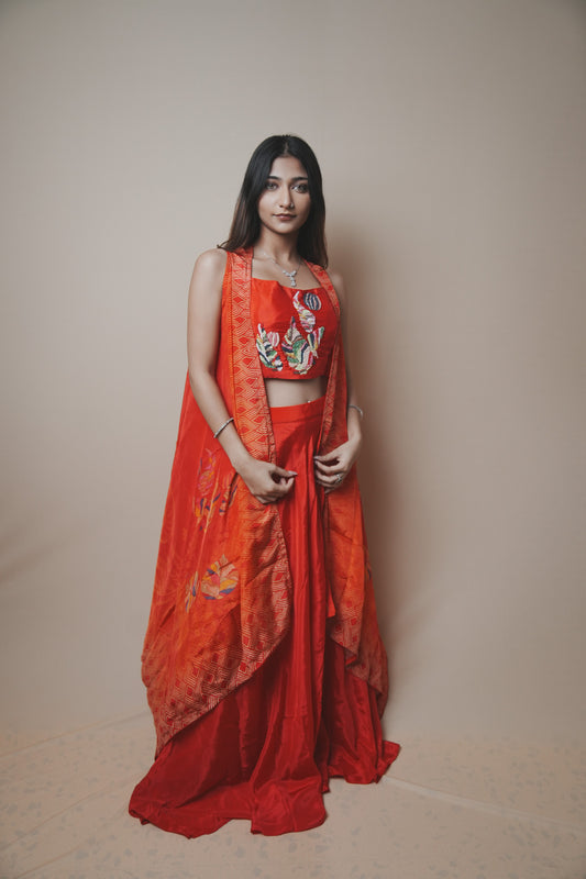 Stylish Red Crepe Silk Set Featuring Embroidered Choli & Multicolor Shrug
