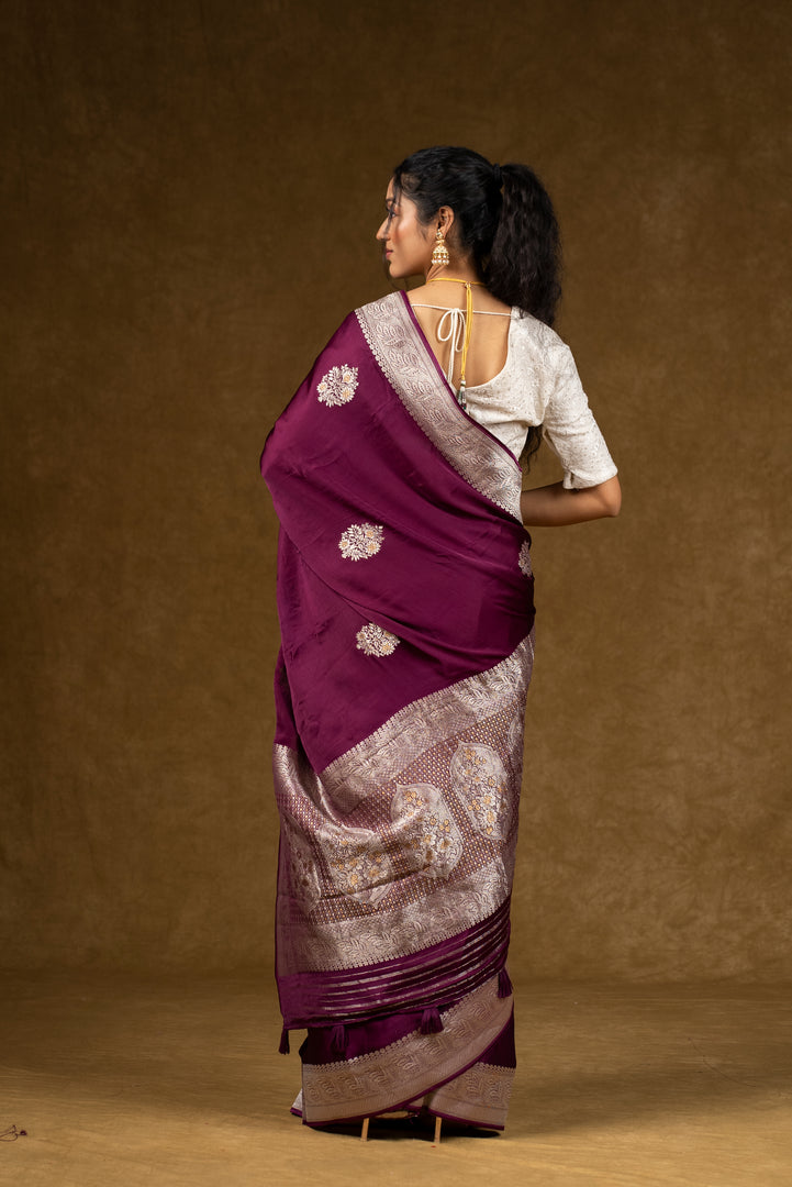 Maroon Silk Saree with Silver Embroidery Work