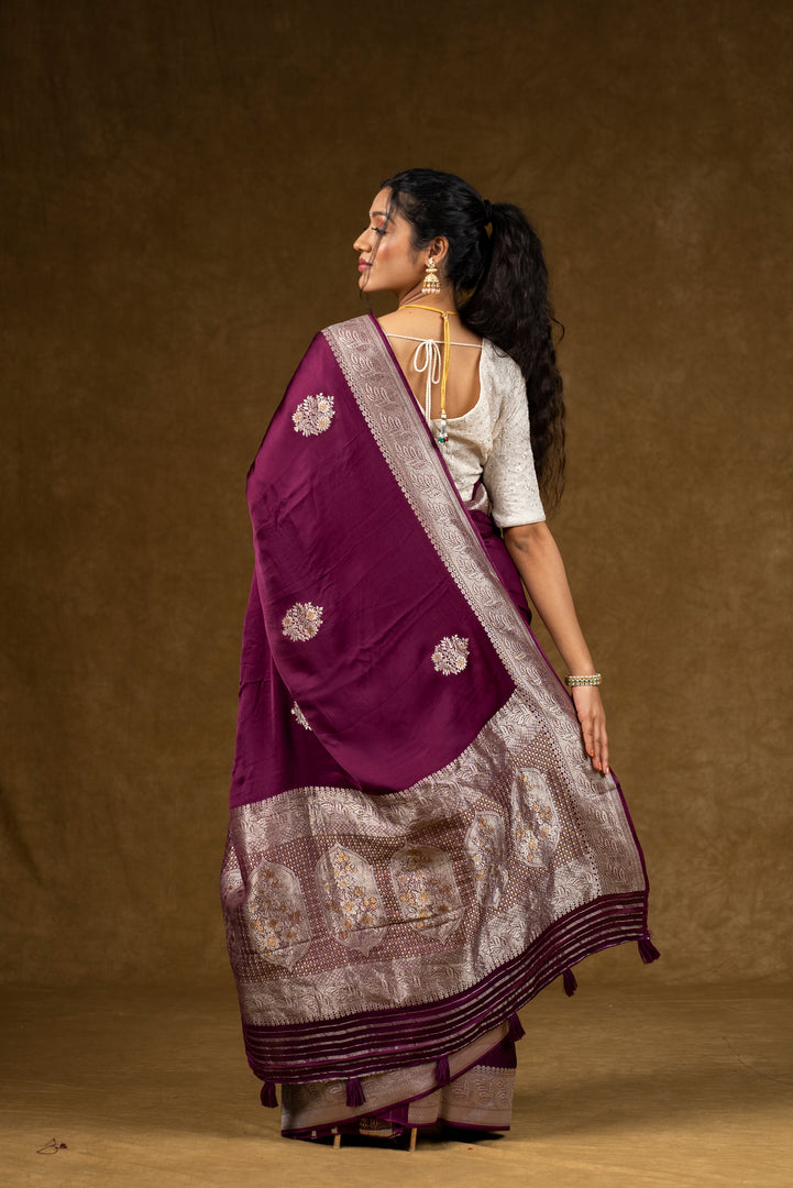 Maroon Silk Saree with Silver Embroidery Work