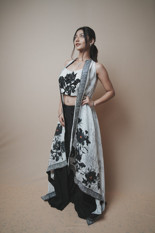 Black & White Crab Silk Plazo Set with Sequin Work Blouse and Printed Shrug