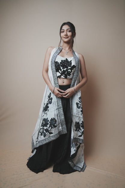 Black & White Crab Silk Plazo Set with Sequin Work Blouse and Printed Shrug