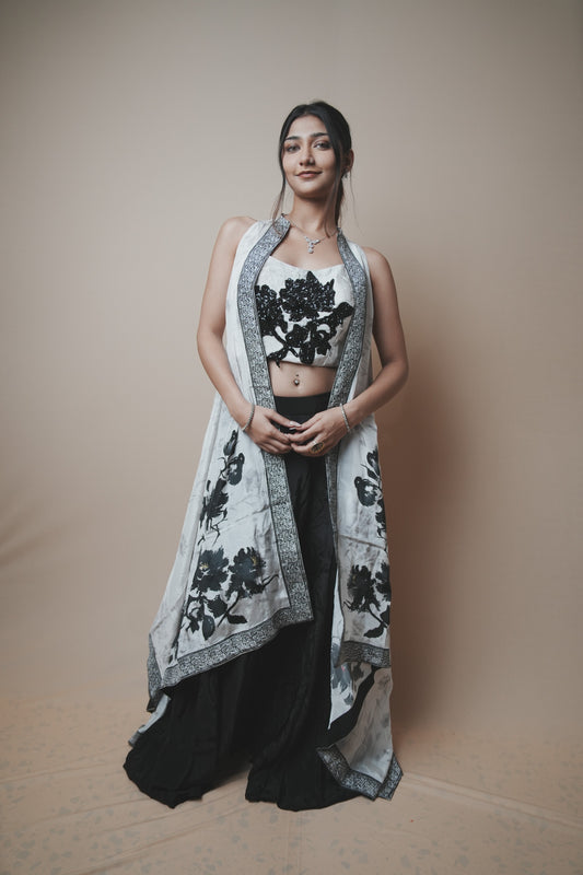 Black & White Crab Silk Plazo Set with Sequin Work Blouse and Printed Shrug