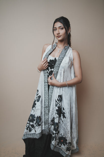 Black & White Crab Silk Plazo Set with Sequin Work Blouse and Printed Shrug
