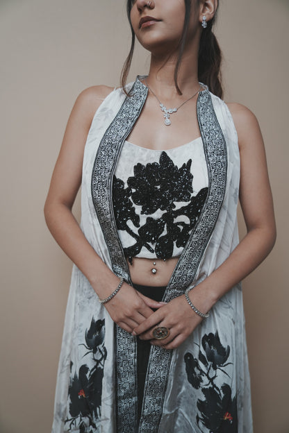 Black & White Crab Silk Plazo Set with Sequin Work Blouse and Printed Shrug