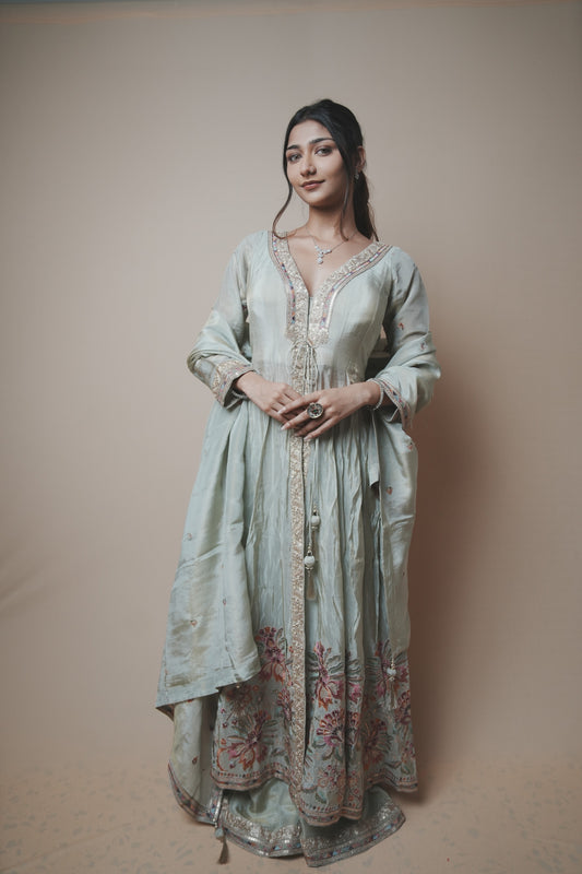 Stylish Tissue Silk Long Kurta Paired with Palazzo Pants