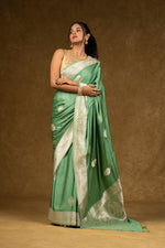 Load image into Gallery viewer, Sage Green Silk Saree with Silver Zari Work
