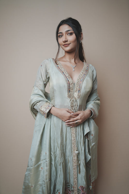 Stylish Tissue Silk Long Kurta Paired with Palazzo Pants