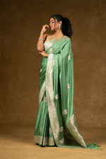 Load image into Gallery viewer, Sage Green Silk Saree with Silver Zari Work
