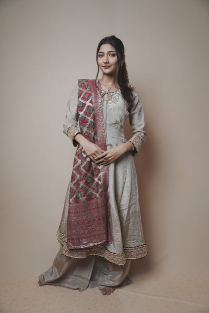 Tissue Banarasi Silk Suit with Ajrakh Print Dupatta & Plazo