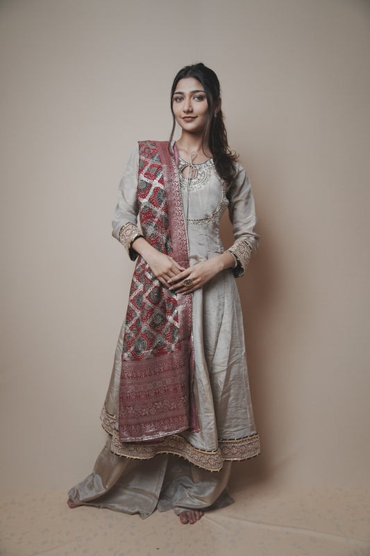 Tissue Banarasi Silk Suit with Ajrakh Print Dupatta & Plazo