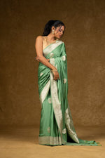 Load image into Gallery viewer, Sage Green Silk Saree with Silver Zari Work
