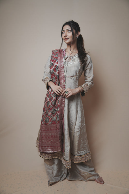 Tissue Banarasi Silk Suit with Ajrakh Print Dupatta & Plazo