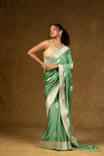 Load image into Gallery viewer, Sage Green Silk Saree with Silver Zari Work
