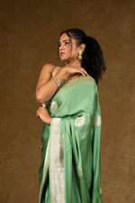 Load image into Gallery viewer, Sage Green Silk Saree with Silver Zari Work
