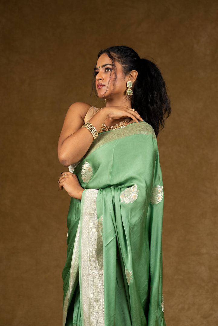 Sage Green Silk Saree with Silver Zari Work