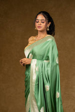 Load image into Gallery viewer, Sage Green Silk Saree with Silver Zari Work
