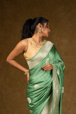 Load image into Gallery viewer, Sage Green Silk Saree with Silver Zari Work
