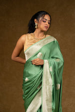 Load image into Gallery viewer, Sage Green Silk Saree with Silver Zari Work
