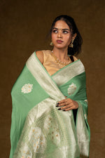 Load image into Gallery viewer, Sage Green Silk Saree with Silver Zari Work
