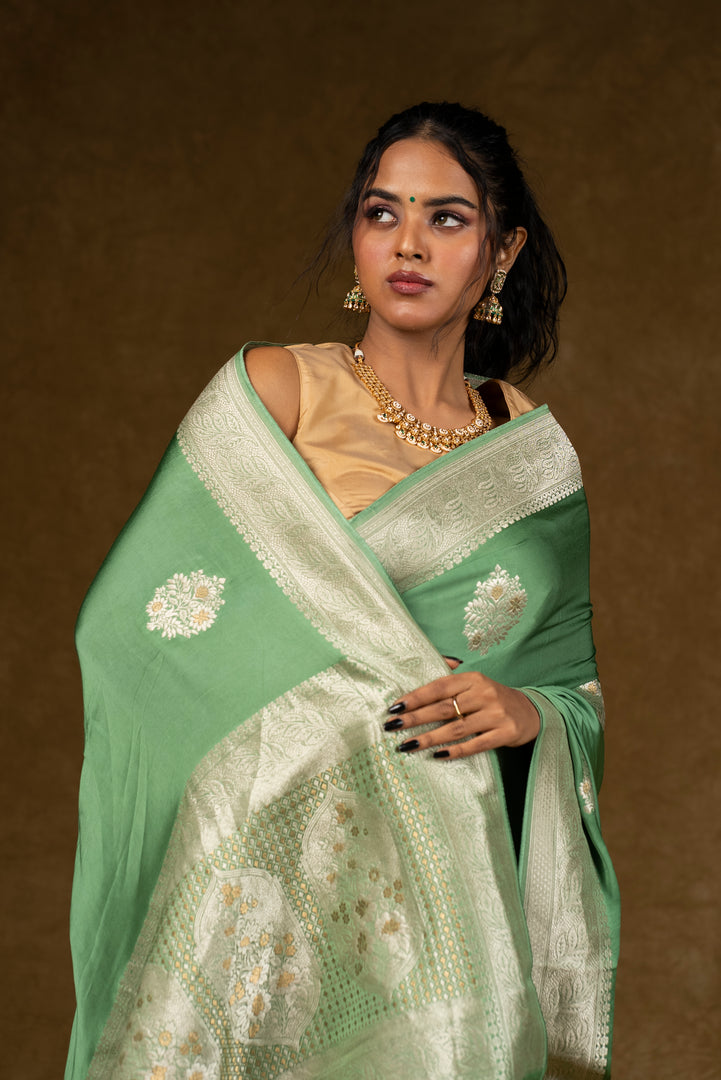 Sage Green Silk Saree with Silver Zari Work