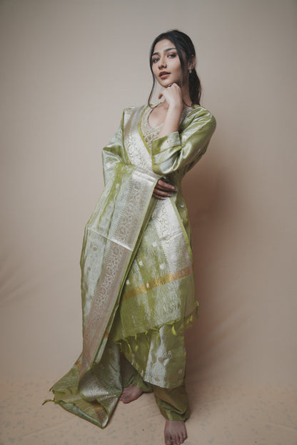 Green Tissue Banarasi Silk Suit Set with Hand-Embroidered Neckline