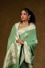 Load image into Gallery viewer, Sage Green Silk Saree with Silver Zari Work
