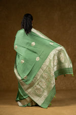 Load image into Gallery viewer, Sage Green Silk Saree with Silver Zari Work
