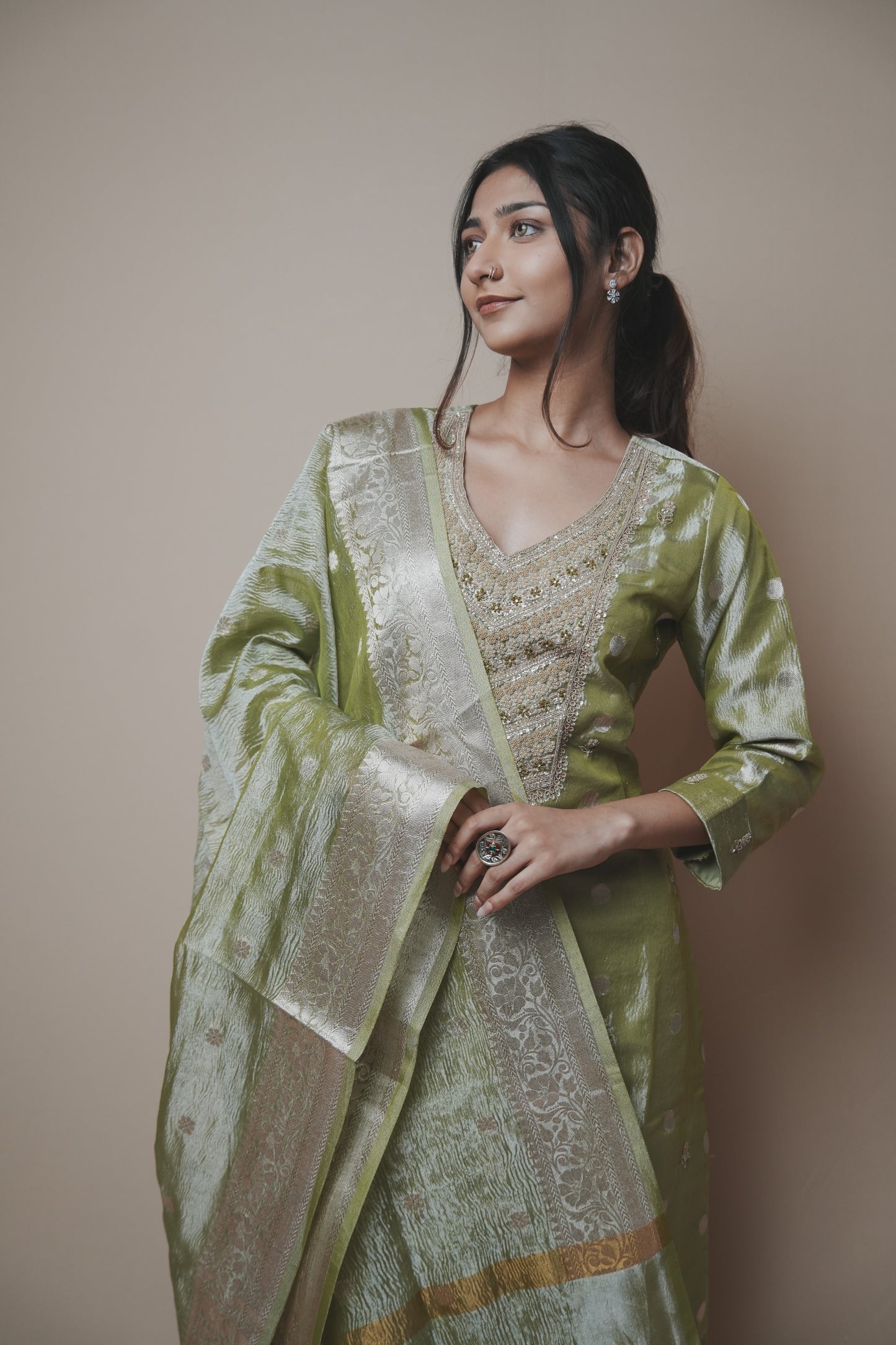 Green Tissue Banarasi Silk Suit Set with Hand-Embroidered Neckline