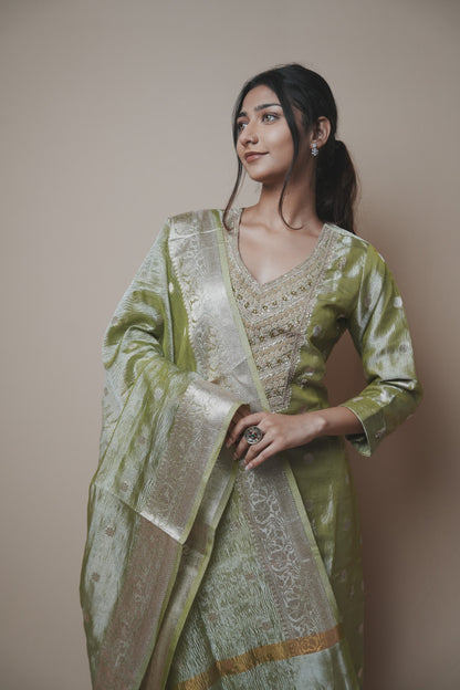 Green Tissue Banarasi Silk Suit Set with Hand-Embroidered Neckline