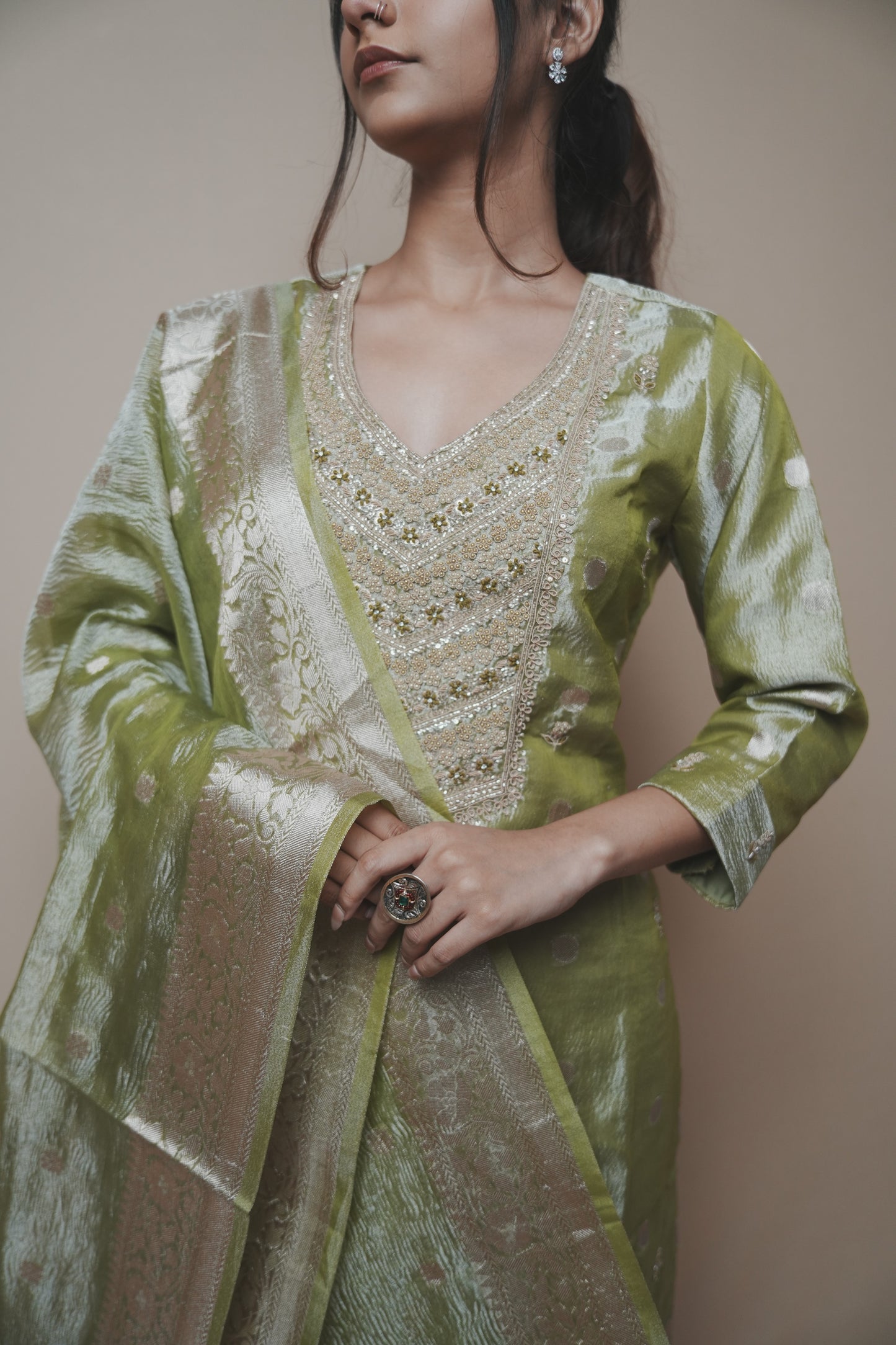 Green Tissue Banarasi Silk Suit Set with Hand-Embroidered Neckline